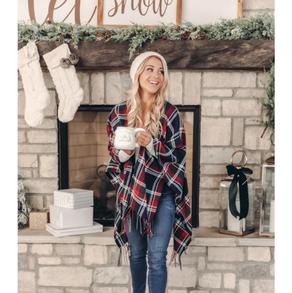 Pink Lily Sweaters - So Beautiful Tonight Navy Plaid Poncho